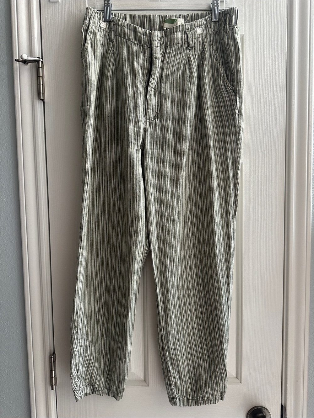 Anthropologie Striped Sage Green 100% Linen Pants Women’s 27 Coastal Boho Beach